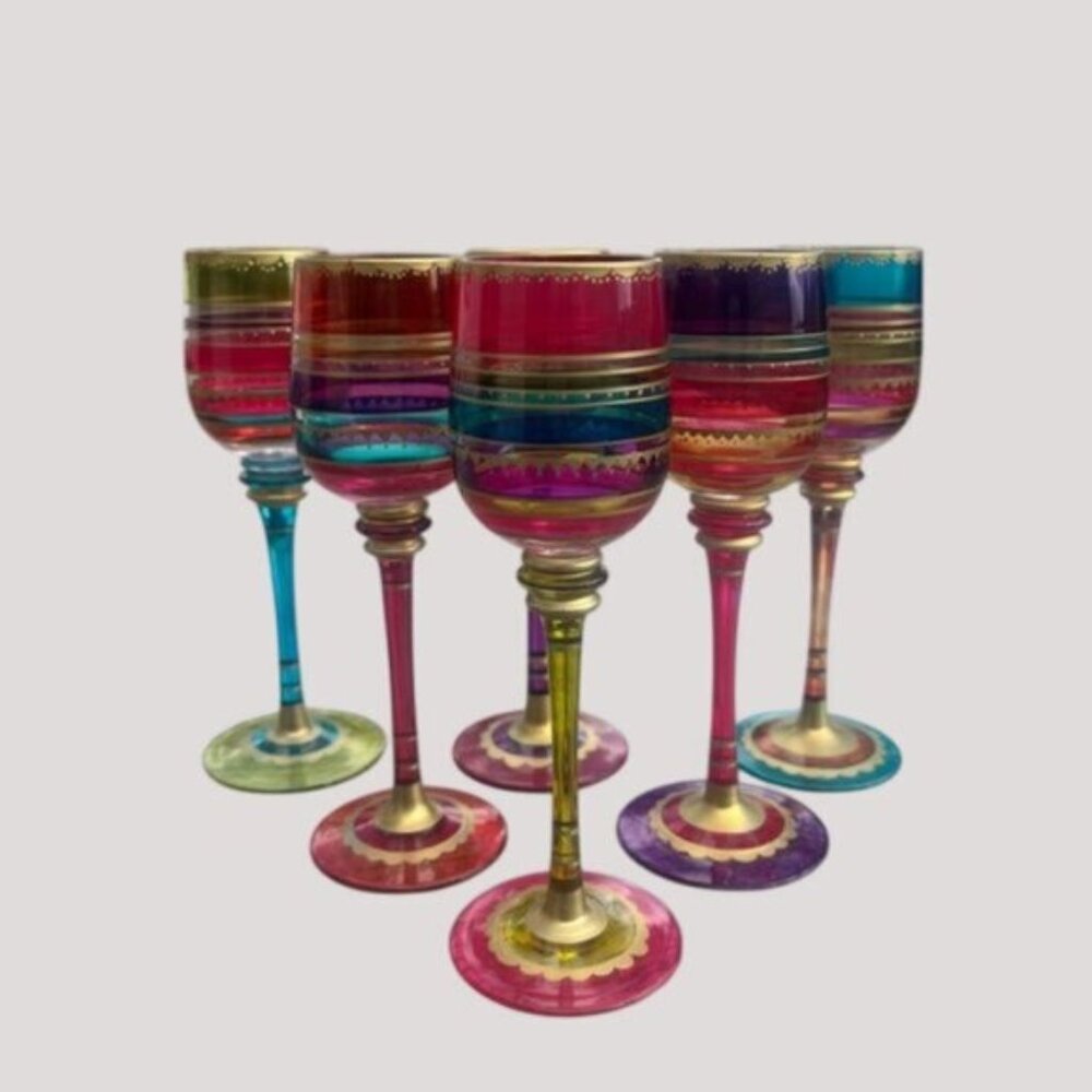 Pier 1 Multi-Color Hand Painted Jewel Toned Long Stem Glasses Set 6 - Picture 2 of 12